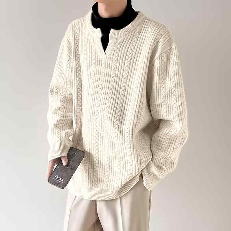 春 コーデ メンズ 用 服 シンプル ファッション オシャレ 大人 かっこいい 大きいサイズ ストリート 紳士服 ツイスト セーター ハイエンド ニット Vネック シャツ インナー レイヤー