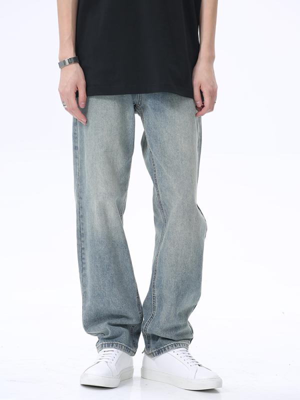 春 コーデ メンズ 用 服 シンプル ファッション オシャレ 大人 かっこいい 大きいサイズ ストリート 紳士服 韓国スタイル レトロ ウォッシュ ブルー ジーンズ ミッドウエスト ドレープ ワイド レッグ フロア レングス ストレート パンツ