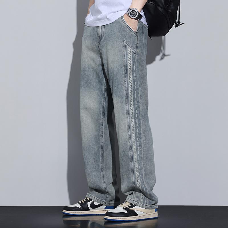 春 コーデ メンズ 用 服 シンプル ファッション オシャレ 大人 かっこいい 大きいサイズ ストリート 紳士服 薄手 アメリカン ストリート ウォッシュ ジーンズ ストレート ストライプ ロング パンツ