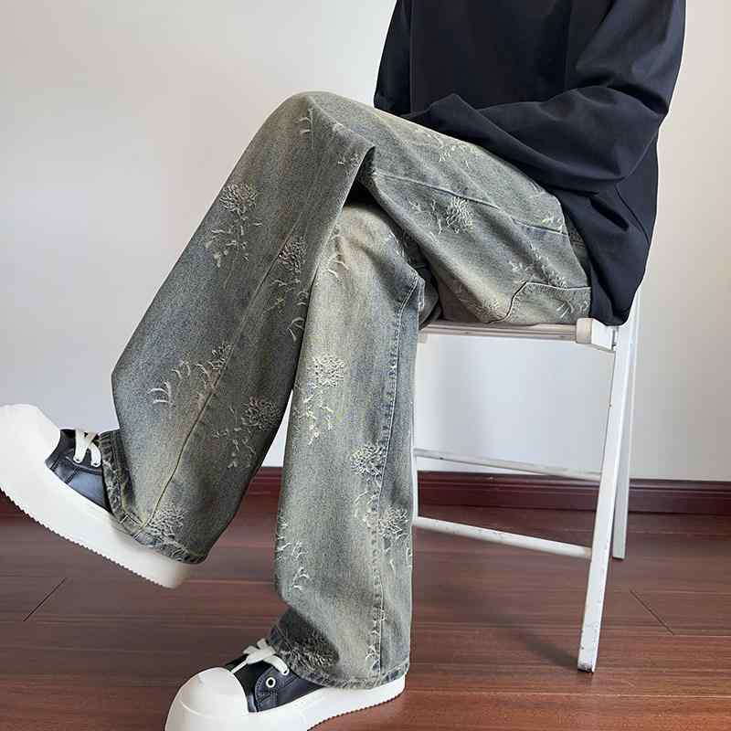 春 コーデ メンズ 用 服 シンプル ファッション オシャレ 大人 かっこいい 大きいサイズ ストリート 紳士服 ジーンズ アメリカン レトロ ストリート ジャカードパンツ クリーン フィット ストレート レッグ ブーツ カット パンツ