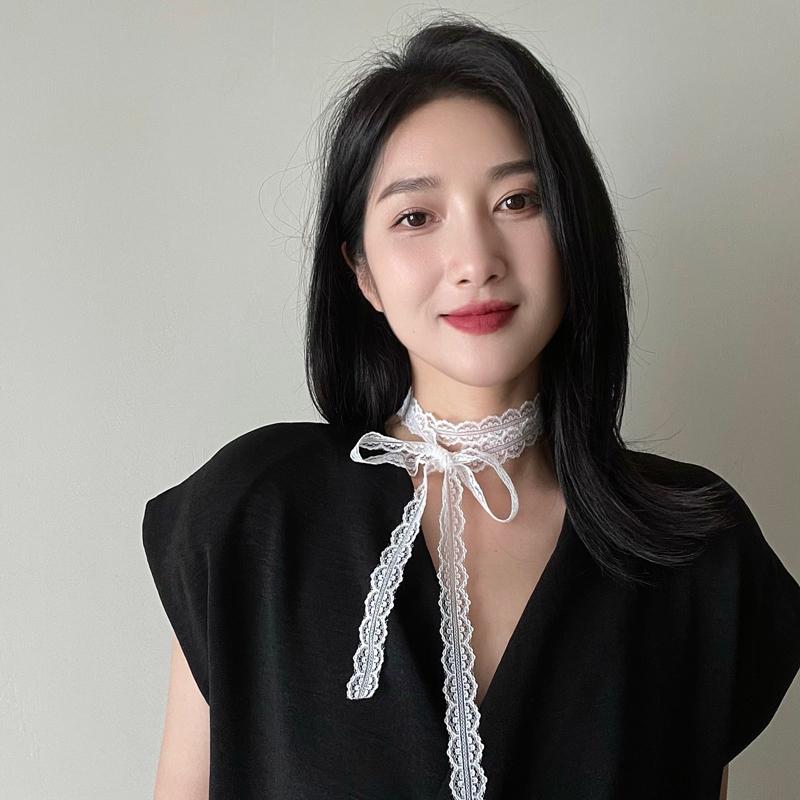 春 コーデ レディース ファッション オシャレ アイテム カワイイ 用 シンプル 大人カワイイ 夏 デコルテ ネックストラップ ホワイト レース リボン ロング丈 ストール ネックレス チョーカー