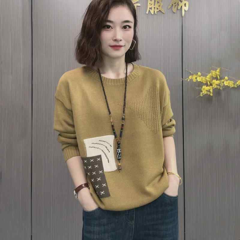 Three-Quarter Knit - 春 コーデ レディース ファッション オシャレ アイテム カワイイ 用 シンプル 大人カワイイ ラウンドネック エスニック プルオーバー ニット 服 ゆったり 大きいサイズ 長袖 セーター