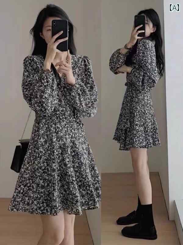 春 コーデ レディース ファッション オシャレ アイテム カワイイ コーデ シンプル きれい ナチュラル 上品カジュアル 用 フレンチ 長袖 花柄 ドレス 大きいサイズ カバー 着痩せ シフォン 黒 スカート