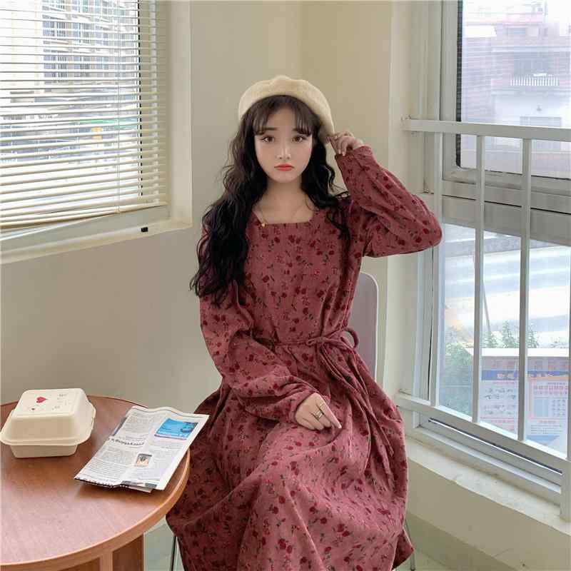 春 コーデ レディース ファッション オシャレ アイテム カワイイ コーデ シンプル きれい ナチュラル 上品カジュアル 用 コーデュロイ 長袖 花柄 ドレス 春 ウエスト スリム フレンチ レトロ フェアリー スカート