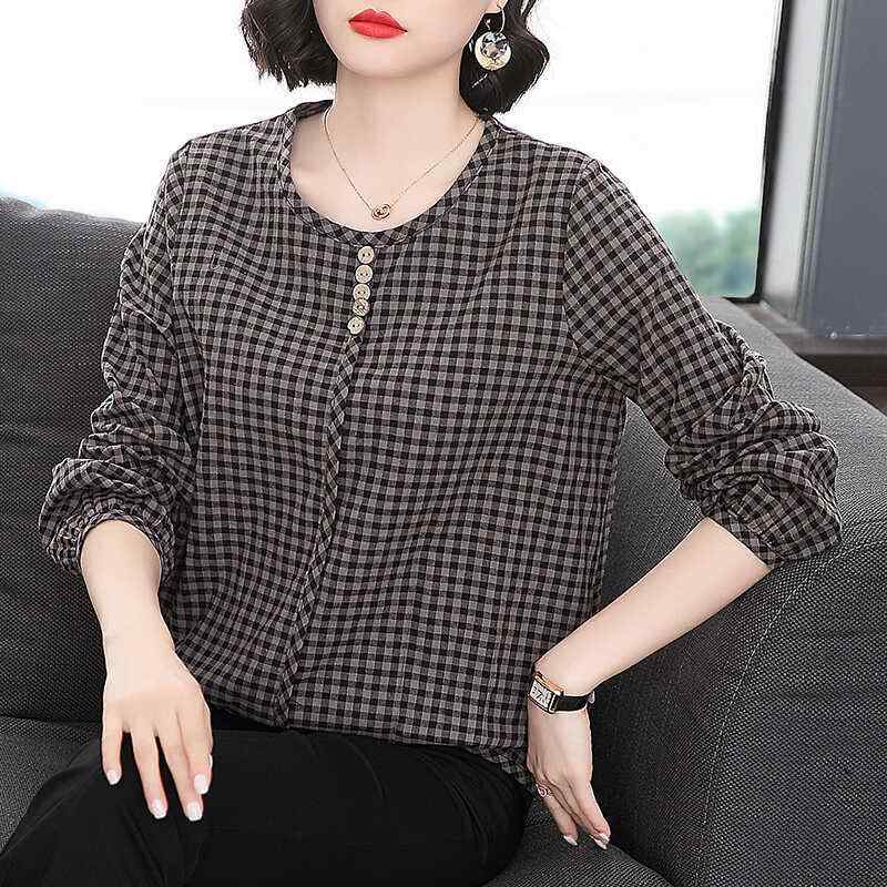 春 コーデ レディース ファッション オシャレ アイテム カワイイ コーデ シンプル きれい ナチュラル 上品カジュアル 用 春 綿 レイヤリング シャツ チェック柄 大きいサイズ コットンリネン トップス 薄手