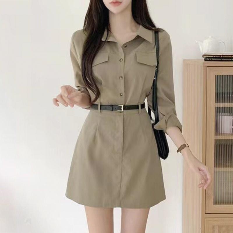 春 コーデ レディース ファッション オシャレ アイテム カワイイ コーデ シンプル きれい ナチュラル 上品カジュアル 用 スカート Aライン レトロ シャツ ドレス ハイウエスト ウエスト