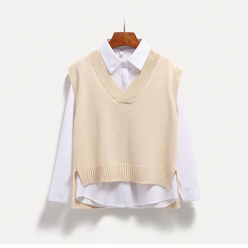 春 コーデ レディース ファッション オシャレ アイテム カワイイ コーデ シンプル きれい ナチュラル 上品カジュアル 用 ツーピース セーター シャツ 韓国ファッション Vネック ウール ベスト チョッキ