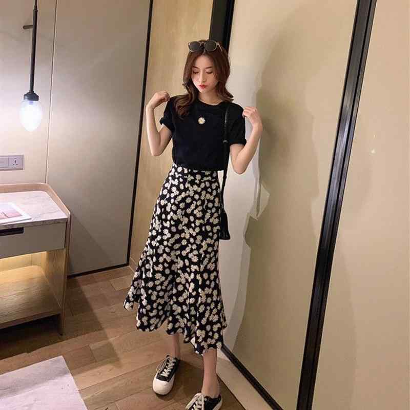 春 コーデ レディース ファッション オシャレ アイテム カワイイ コーデ シンプル きれい ナチュラル 上品カジュアル 用 半袖 スーツ イレギュラー Aライン スカート セット T シャツ ロング丈 デイジー コットン ハーフ トップス 夏 レディース
