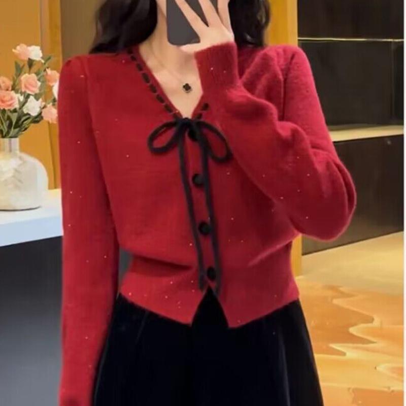 乐天商城 - 春 コーデ レディース ファッション オシャレ アイテム カワイイ コーデ シンプル きれい ナチュラル 上品カジュアル 用 赤 ニットカーディガン ボウ セーター アウター