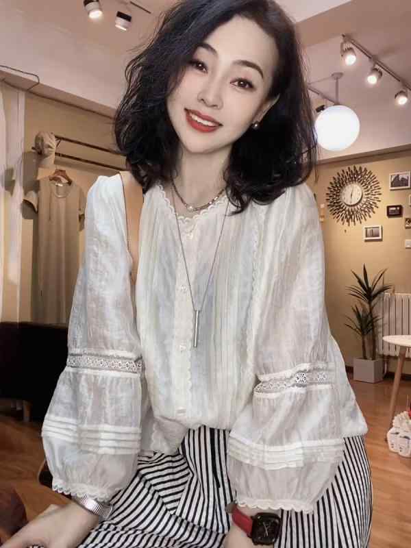 乐天商城 - 春 コーデ レディース ファッション オシャレ アイテム カワイイ コーデ シンプル きれい ナチュラル 上品カジュアル 用 レース 長袖 シャツ フレンチ トップス ホワイト