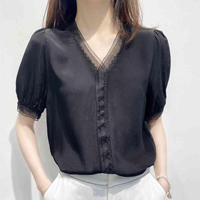 Short Sleeves - 春 コーデ レディース ファッション オシャレ アイテム カワイイ コーデ シンプル きれい ナチュラル 上品カジュアル 用 ホワイト カラー 春 Vネックオー ガンジー 無地 シフォン 半袖 シャツ
