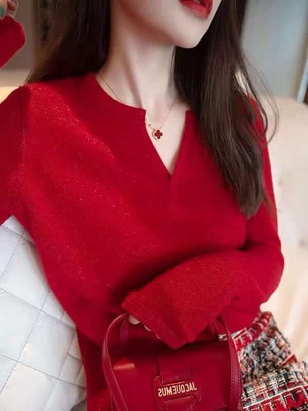 Three-Quarter Knit - 春 コーデ レディース ファッション オシャレ アイテム カワイイ コーデ シンプル きれい ナチュラル 上品カジュアル 用 ホワイト カラー Vネック ニット セーター 明るい レッド