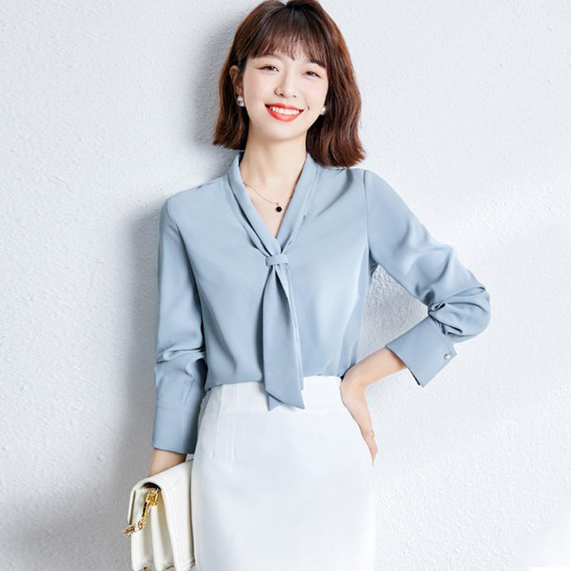 Long-Sleeved - 春 コーデ レディース ファッション オシャレ アイテム カワイイ コーデ シンプル きれい ナチュラル 上品カジュアル 用 ホワイト カラー 無地 Vネック シフォンシャツ 長袖