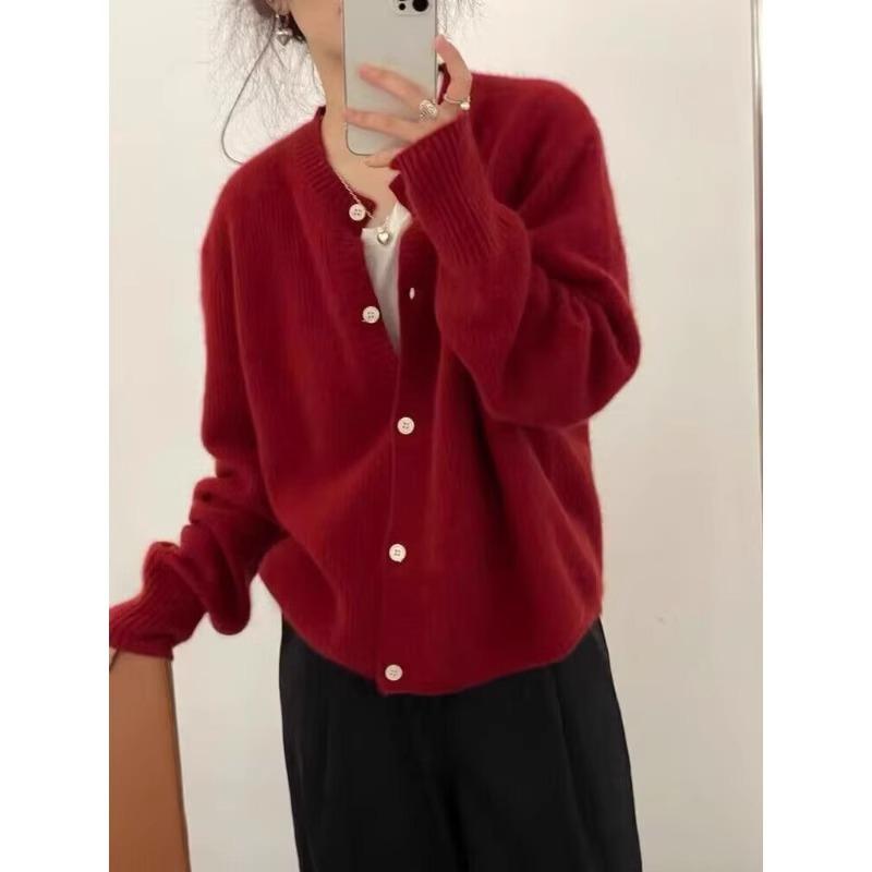 乐天商城 - 春 コーデ レディース ファッション オシャレ アイテム カワイイ コーデ シンプル きれい ナチュラル 上品カジュアル 用 赤 ニットカーディガン 厚手 シック セーター ジャケット トップス