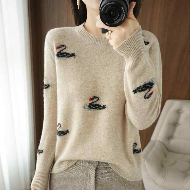 春 コーデ レディース ファッション オシャレ アイテム カワイイ コーデ シンプル きれい ナチュラル 上品カジュアル 用 ホワイト カラー 春 セーター ラウンドネック ホワイト鳥 インターシャ ウール ニット レイヤリング