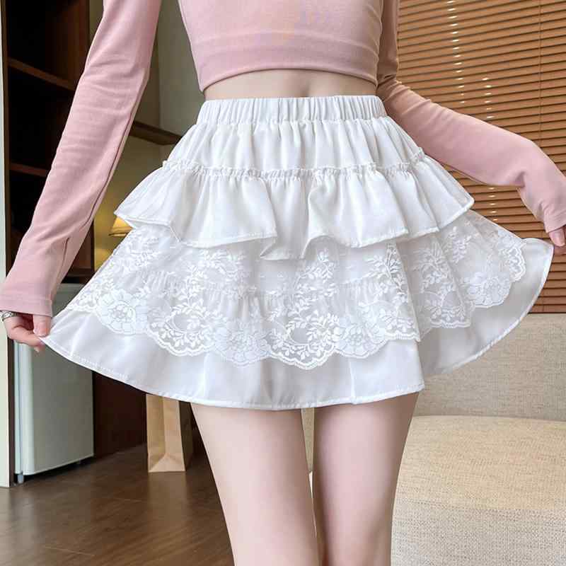 春 コーデ レディース ファッション オシャレ アイテム カワイイ コーデ シンプル きれい ナチュラル 上品カジュアル 用 ホワイトフレンチ レース チュチュ スカート ケーキ ハイウエスト スリム Aライン