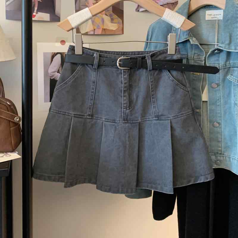 春 コーデ レディース ファッション オシャレ アイテム カワイイ コーデ シンプル きれい ナチュラル 上品カジュアル 用 グレー プリーツ加工 デニムスカート スカート ハイウエスト スリム カバー ガール Aライン