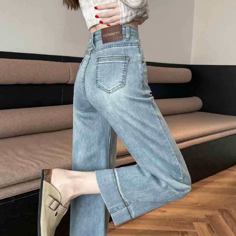 Nylon, Rayon, Polyester - 春 コーデ レディース ファッション オシャレ アイテム カワイイ コーデ シンプル きれい ナチュラル 上品カジュアル 用 ライト カラー ストレート ジーンズ ハイウエスト ナロー ウォッシュド ワイド レッグ 八分丈 九分丈 パンツ
