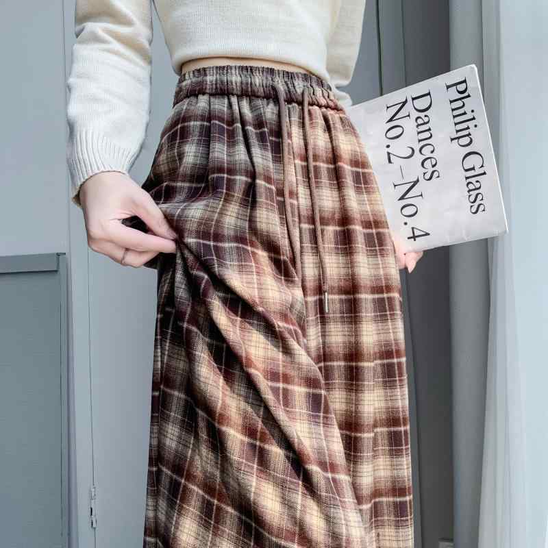 春 コーデ レディース ファッション オシャレ アイテム カワイイ コーデ シンプル きれい ナチュラル 上品カジュアル 用 レトロ ブラウン チェック柄 ズボン ハイウエスト ゆったり ドレープ カジュアル ストレート レッグ ワイド パンツ