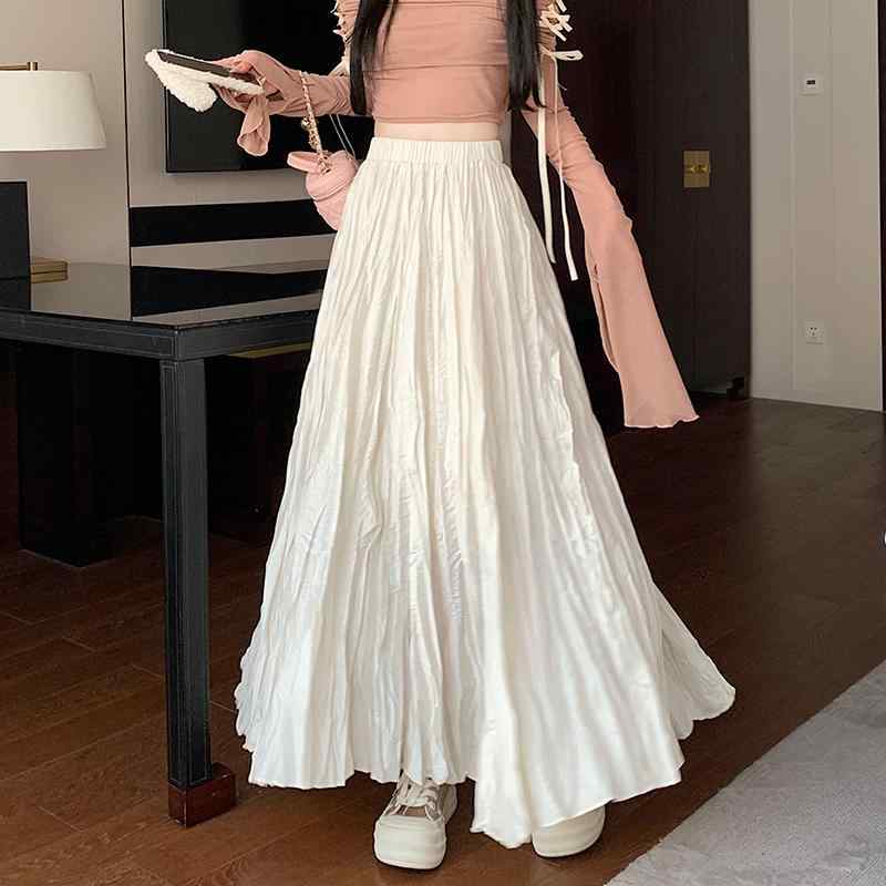 春 コーデ レディース ファッション オシャレ アイテム カワイイ コーデ シンプル きれい ナチュラル 上品カジュアル 用 オフ ホワイト プリーツ加工 スカート ハイウエスト スリム ドレープ カジュアル Aライン スカート ロング丈