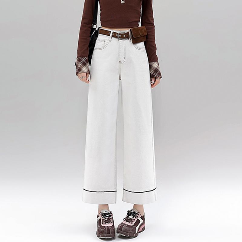 春 コーデ レディース ファッション オシャレ アイテム カワイイ コーデ シンプル きれい ナチュラル 上品カジュアル 用 ホワイト ワイド レッグ ジーンズ スタイル ハイウエスト スリム パイプ ナロー ストレート 九分丈 パンツ