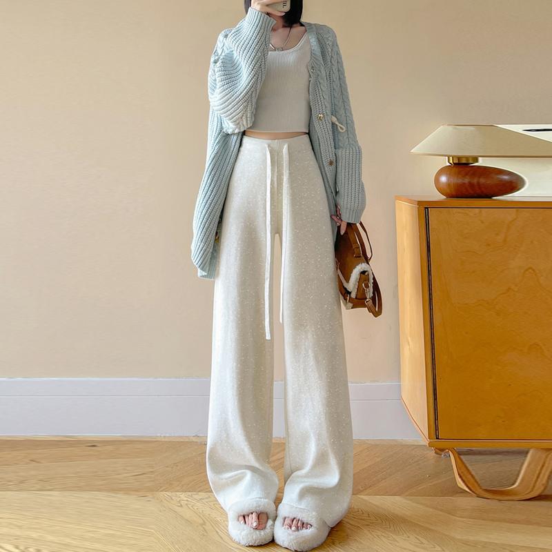 Cropped Pants - 春 コーデ レディース ファッション オシャレ アイテム カワイイ コーデ シンプル きれい ナチュラル 上品カジュアル 用 オフ ホワイト ニット ワイド レッグ パンツ ハイウエスト ストレート ストレッチ ウエスト カジュアル フロア レングス ロング丈