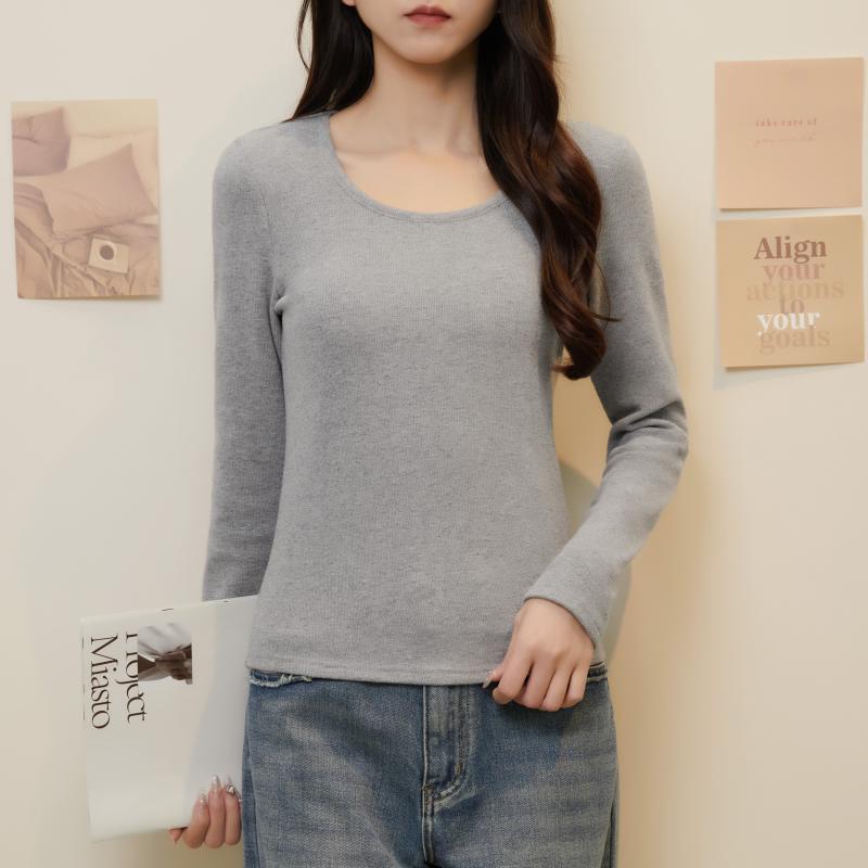 春 コーデ レディース ファッション オシャレ アイテム カワイイ コーデ シンプル きれい ナチュラル 上品カジュアル 用 グレー ラウンドネック インナーレイヤリング シャツ スリムフィット アウター 長袖 T トップス