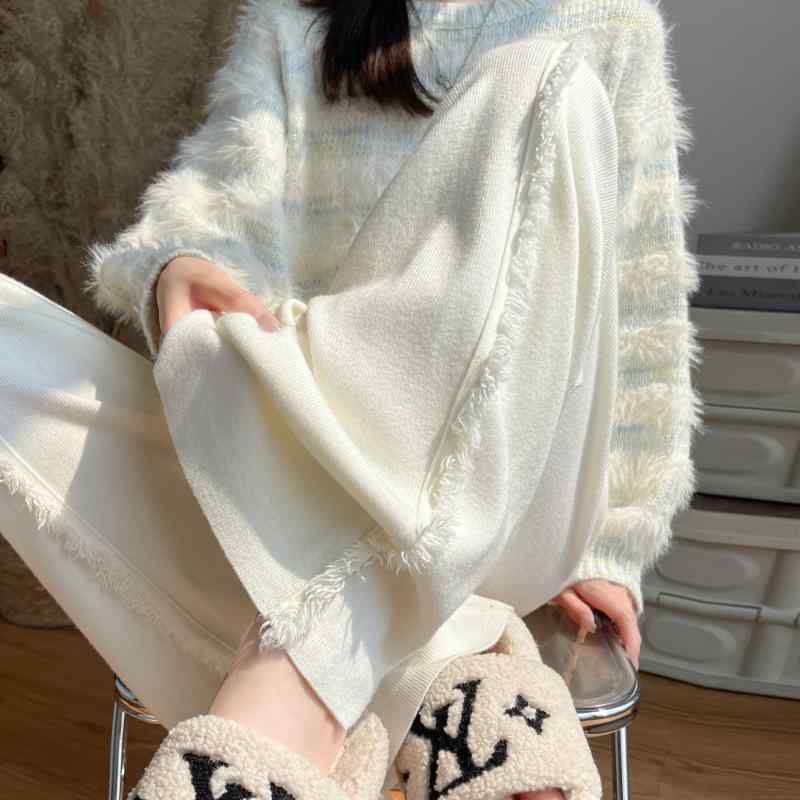 乐天商城 - 春 コーデ レディース ファッション オシャレ アイテム カワイイ コーデ シンプル きれい ナチュラル 上品カジュアル 用 柔らかい ホワイト ニット パンツ リラックス ハイウエスト ストレート カジュアル ワイド レッグ