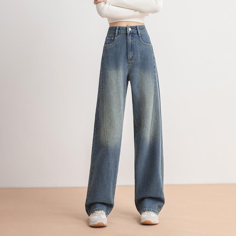 春 コーデ レディース ファッション オシャレ アイテム カワイイ コーデ シンプル きれい ナチュラル 上品カジュアル 用 アメリカン レトロ ブルー ジーンズ スタイル ウォッシュ 加工 ワイド レッグ パンツ ハイウエスト フロア レングス