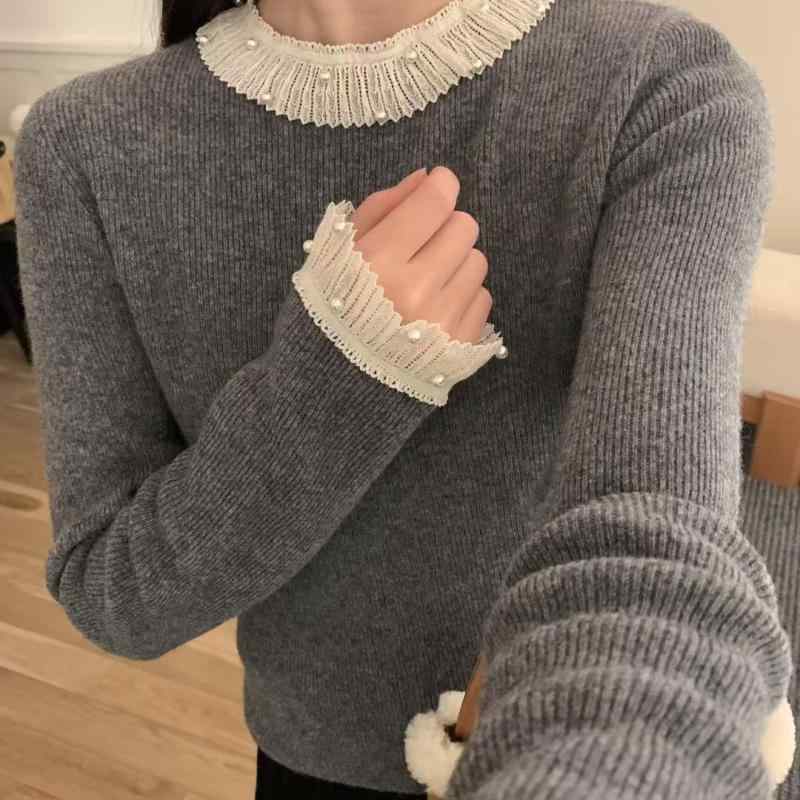 春 コーデ レディース ファッション オシャレ アイテム カワイイ コーデ シンプル きれい ナチュラル 上品カジュアル 用 シャツ グレー レース セーター スリミング 長袖 プルオーバー トップス