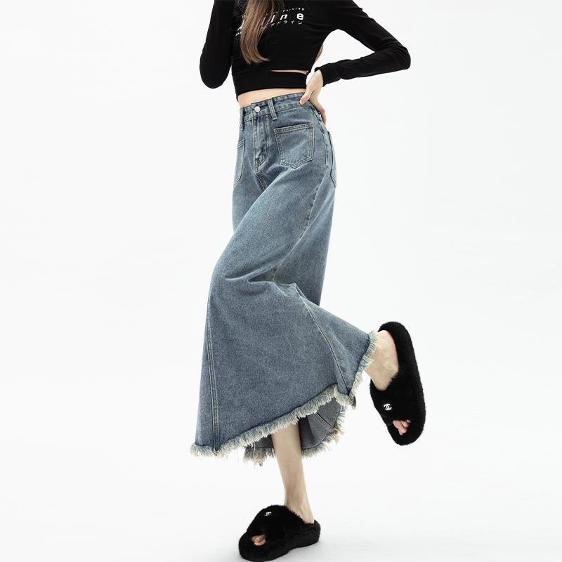春 コーデ レディース ファッション オシャレ アイテム カワイイ コーデ シンプル きれい ナチュラル 上品カジュアル 用 アメリカン レトロ デニムスカート ハイウエスト ドレープ Aライン ミドル丈 スカート