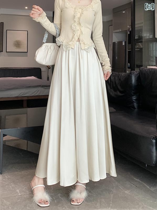 箔プリーツスカート マキシスカート ロングスカート ドレープスカート ハイウエスト レディース Aライン ファッション おしゃれ ホワイト