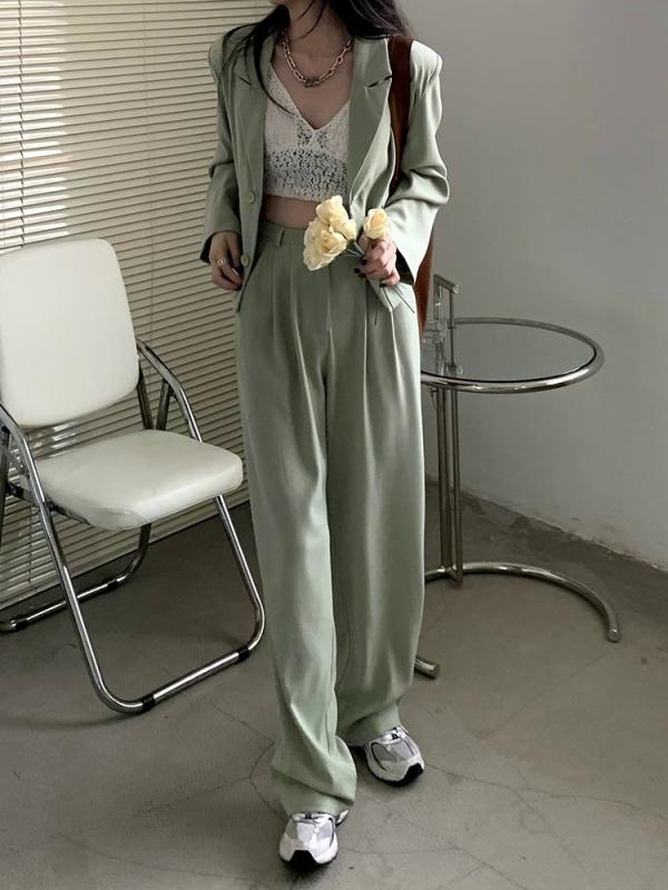 春 コーデ レディース ファッション オシャレ アイテム カワイイ コーデ シンプル きれい ナチュラル 上品カジュアル 用 春 緑 ワイド レッグ パンツ スーツ ストリート カジュアル セット