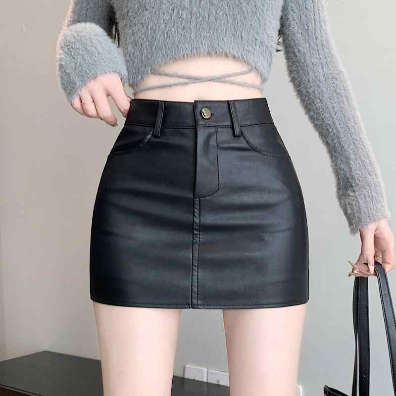春 コーデ レディース ファッション オシャレ アイテム カワイイ コーデ シンプル きれい ナチュラル 上品カジュアル 用 黒革 スカート ハイウエスト ガール Aライン ヒップ バッグ PU レザースカート