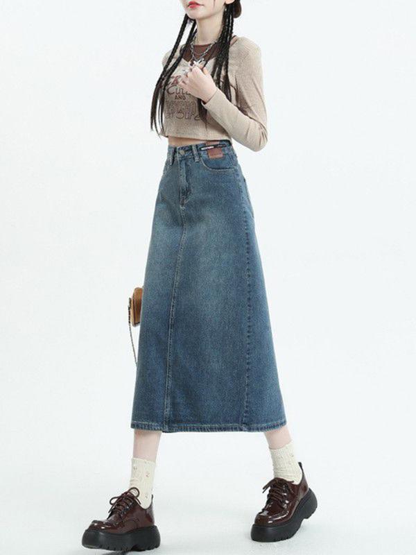 春 コーデ レディース ファッション オシャレ アイテム カワイイ コーデ シンプル きれい ナチュラル 上品カジュアル 用 レトロ デニムスカート ミドル丈 ハイウエスト スリム スリット Aライン