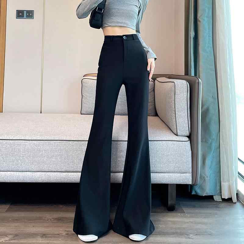 Long Pants - 春 コーデ レディース ファッション オシャレ アイテム カワイイ コーデ シンプル きれい ナチュラル 上品カジュアル 用 春 黒 スーツ パンツ ベルボトムパンツ ハイウエスト スリム ドレープ カジュアル ロング丈 フロア レングス ベルボトム