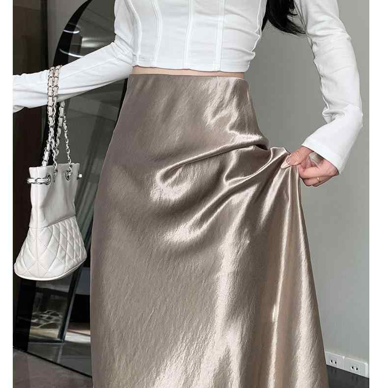 春 コーデ レディース ファッション オシャレ アイテム カワイイ コーデ シンプル きれい ナチュラル 上品カジュアル 用 アセテート サテン フィッシュ テール スカート レディース 春 ハイウエスト フリル Aライン ロング丈(4)