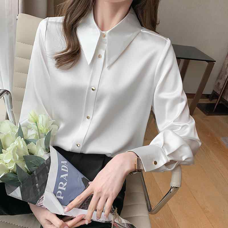 Long-Sleeved - 春 コーデ レディース ファッション オシャレ アイテム カワイイ コーデ シンプル きれい ナチュラル 上品カジュアル 用 アセテート サテンシャツ レディース 春 面接 フォーマル シャツ フレンチ 長袖 トップス