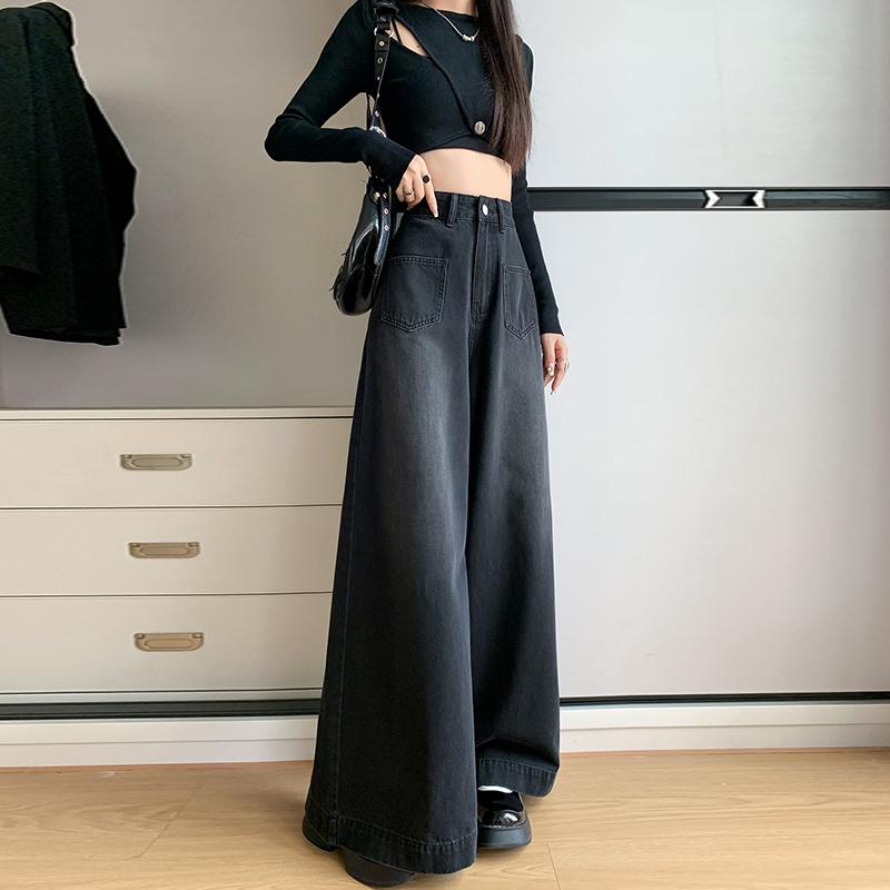 春 コーデ レディース ファッション オシャレ アイテム カワイイ コーデ シンプル きれい ナチュラル 上品カジュアル 用 黒 グレー ワイド レッグ ジーンズ スタイル ハイウエスト スリム ドレープ ゆったり ズボン キュロット