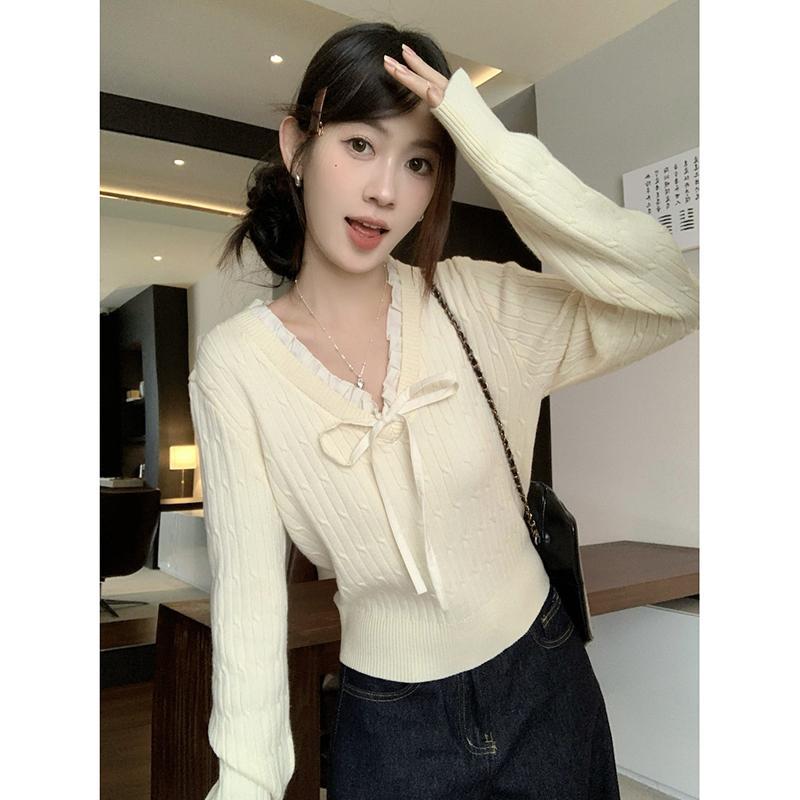 春 コーデ レディース ファッション オシャレ アイテム カワイイ コーデ シンプル きれい ナチュラル 上品カジュアル 用 レースアップ リボン 長袖 セーター スタイル スリムフィット シャツ トップス