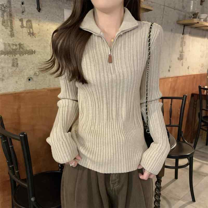 春 コーデ レディース ファッション オシャレ アイテム カワイイ コーデ シンプル きれい ナチュラル 上品カジュアル 用 韓国ファッション ジッパー ハーフ タートルネック ピット インナー 長袖 セーター スリムフィット トップス