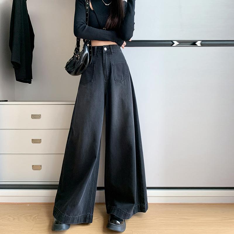 春 コーデ レディース ファッション オシャレ アイテム カワイイ コーデ シンプル きれい ナチュラル 上品カジュアル 用 レトロ 黒 グレー ワイド レッグ ジーンズ ハイウエスト スリム ズボン キュロット