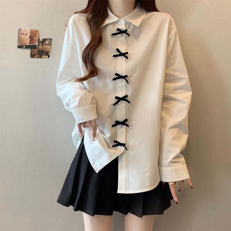 春 コーデ レディース ファッション オシャレ アイテム カワイイ コーデ シンプル きれい ナチュラル 上品カジュアル 用 大きいサイズ フレンチ ボウ シャツ 春 ミディアム ロング丈 ゆったり スリムトップス
