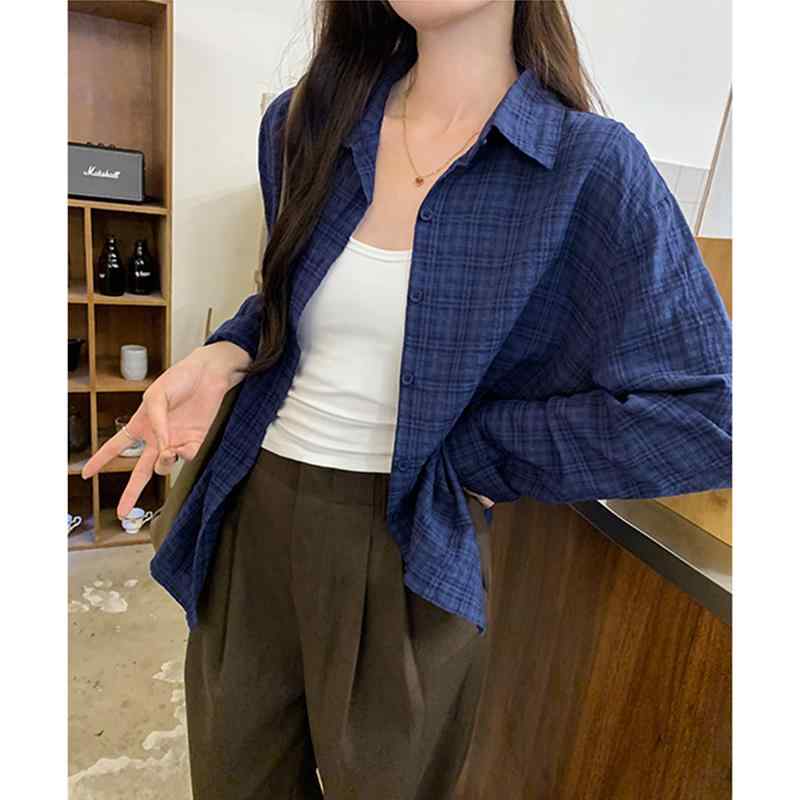 Rakuten - 春 コーデ レディース ファッション オシャレ アイテム カワイイ コーデ シンプル きれい ナチュラル 上品カジュアル 用 韓国ファッション 青 チェック柄 シャツ 春 レトロ シック トップス ゆったり カーディガン ジャケット