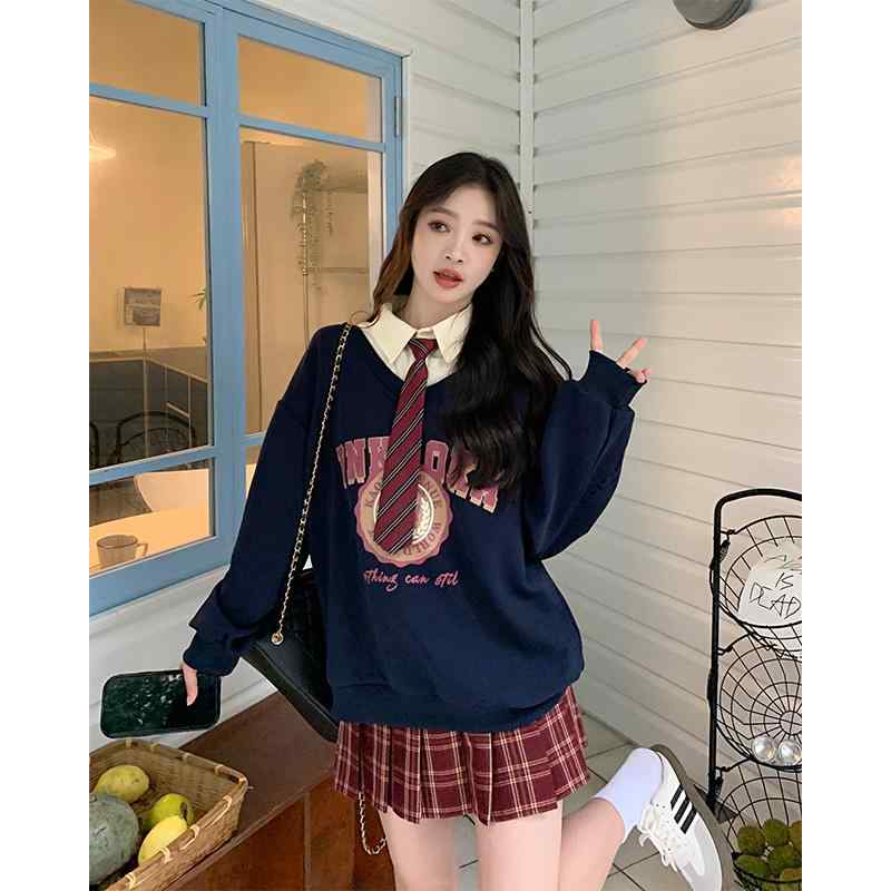 春 コーデ レディース ファッション オシャレ アイテム カワイイ コーデ シンプル きれい ナチュラル 上品カジュアル 用 フェイク ツーピース カレッジ スタイル セーター 春 大きいサイズ スリムトップス