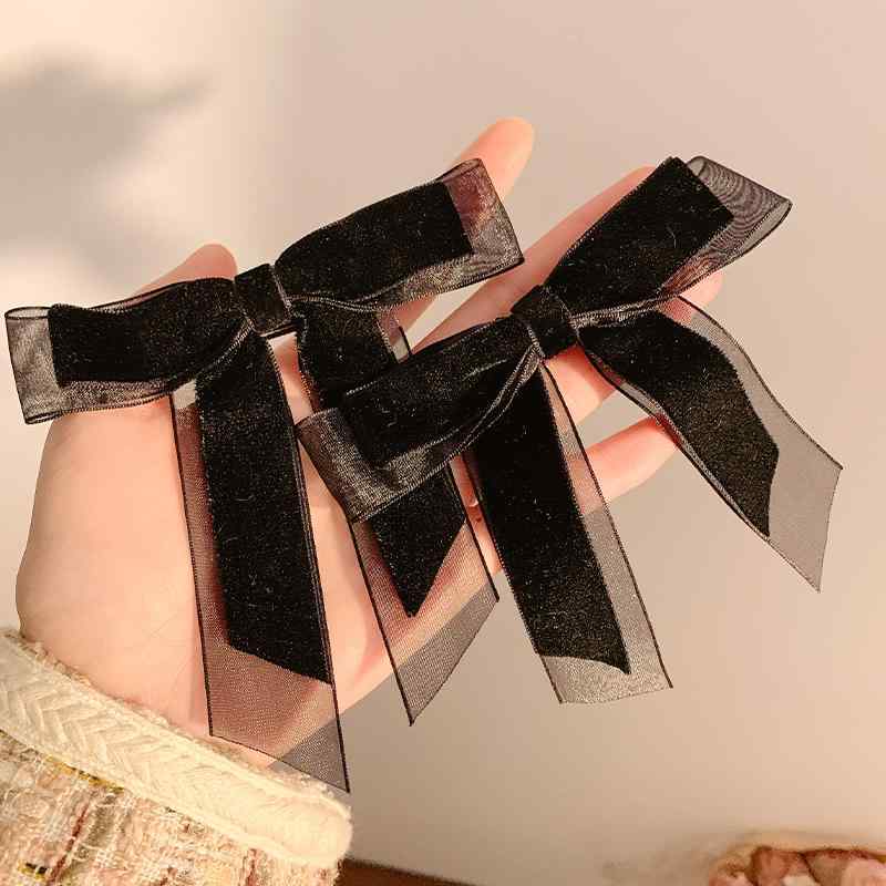 韓国ファッション 黒 ベルベット メッシュ リボン ヘアピン ハイエンド アクセサリー 前髪 クリップ