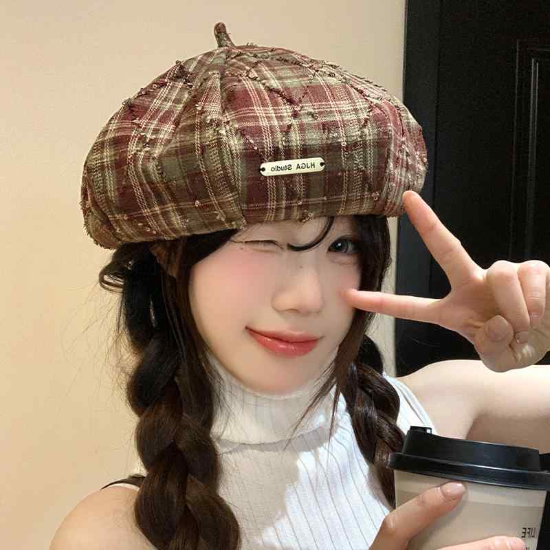 春 レトロ チェック柄 ベレー 帽子 ハット 八角形 ペインター