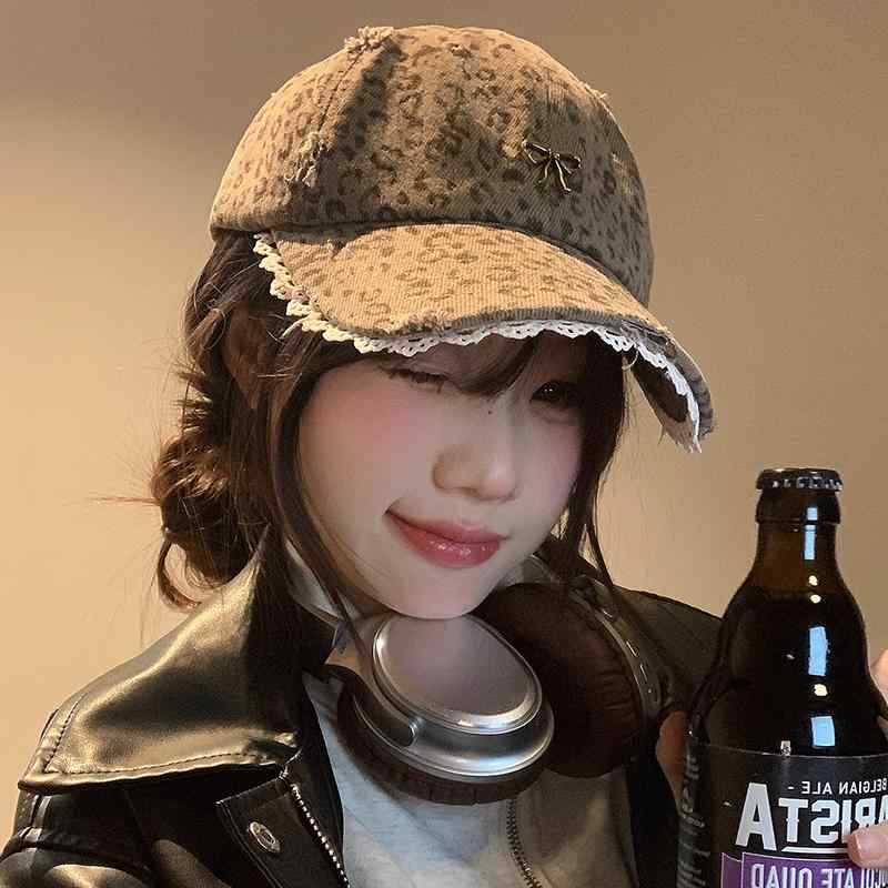 春 レトロ ヒョウ柄 レース ベースボールキャップ 韓国ファッション つば広 ソフト 帽子