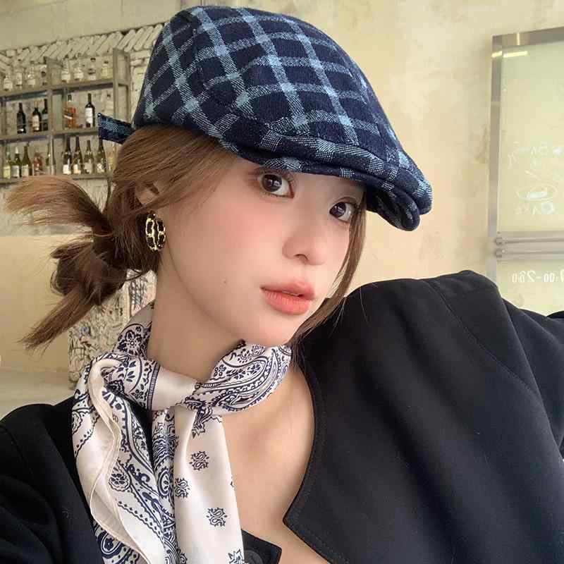 春 コーデ レディース ファッション オシャレ アイテム カワイイ コーデ シンプル きれいめ ナチュラル 上品カジュアル 女性用 婦人服 レトロ チェック柄 ベレー 帽子 春 大学 フォワード ハット 画家