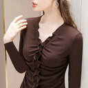 春 コーデ レディース ファッション オシャレ カワイイ シンプル きれいめ ナチュラル 上品カジュアル 婦人服 ブラウン レイヤリング シャツ スタイリッシュ スーツ ベルベット 厚手 スリムフィット 長袖 T
